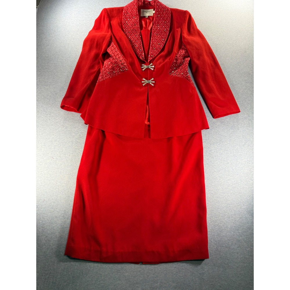 Vtg Ferre Gianni Red 2 Pc Skirt Suit Rhinestone Beaded Evening Formal 90s Sz 8